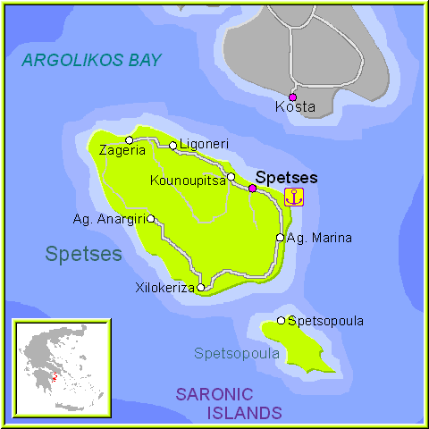 Mapa de la isla de spetses, en las Islas Griegas del Sarónico, Grecia.