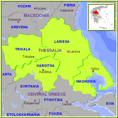 Mapa de la Región de Tesalia, en Grecia