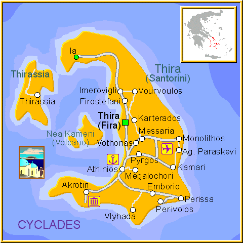 Mapa de isla de Santorini, Cícladas Grecia