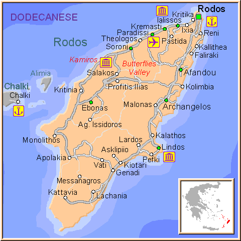 Mapa de isla de Rodas, Dodecaneso Grecia