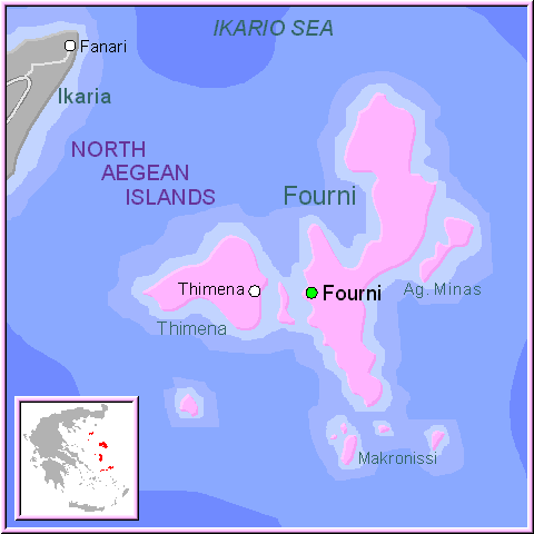 Mapa de la isla de Fourni, islas Egeo norte en Grecia