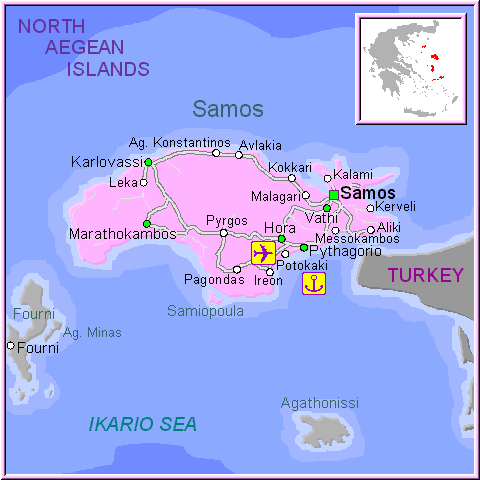 Mapa de la isla de Samos, en las islas del Egeo norte de Grecia