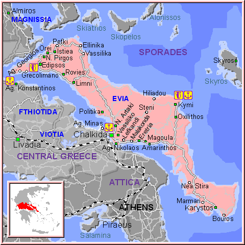 Mapa de la isla de Eubea (Evia), en la Grecia Central