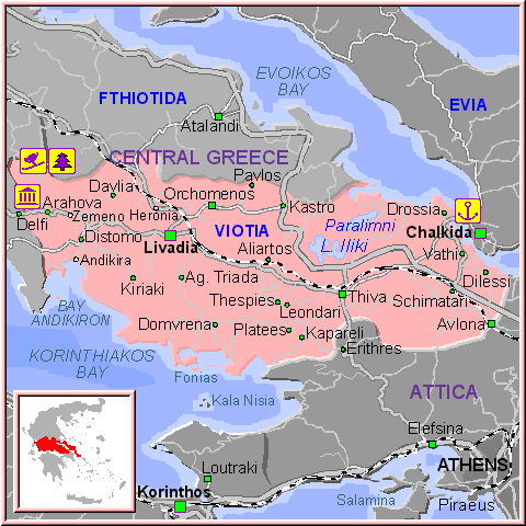 Mapa de la Región de Viotia, en la Grecia Central
