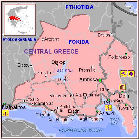 Mapa de la Región de Fokida (Focida), en la Grecia Central