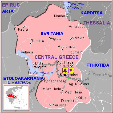 Mapa de la Región de Evritania, en la Grecia Central