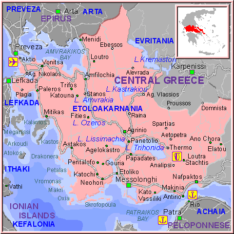 Mapa de la Región de Etoloakarnania, en la Grecia Central