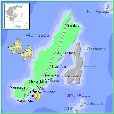 Mapa de Alonissos (Alonisos), Islas Espóradas Grecia