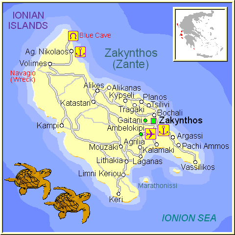 Mapa isla de Zakinthos, Islas Jónicas Grecia
