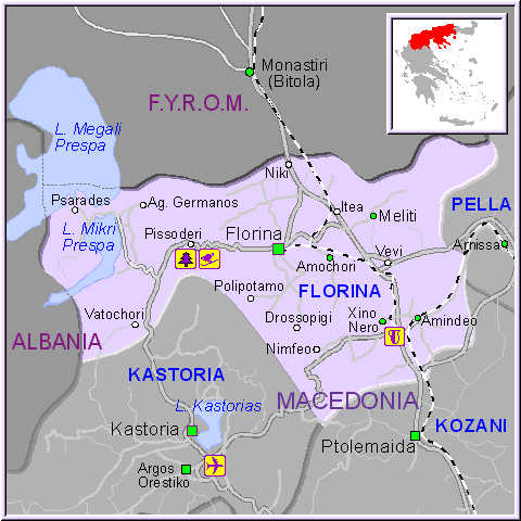 Mapa de la región de Florina en Macedonia, Grecia
