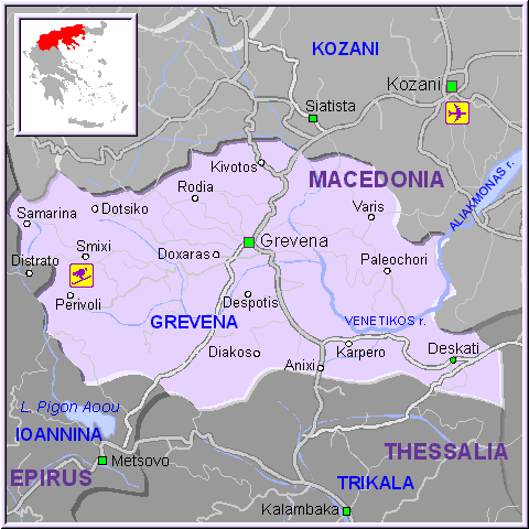 Mapa de la región de Grevena en Macedonia, Grecia