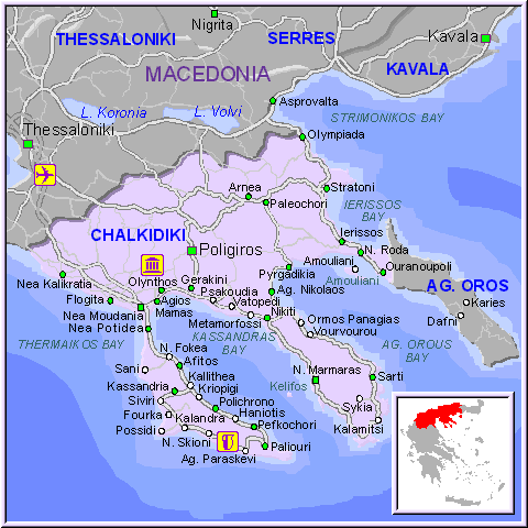 Mapa de la región de Halkidiki (Chalkidiki) en Macedonia, Grecia