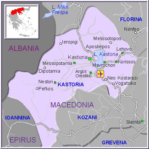 Mapa de la región de Kastoria en Macedonia, Grecia