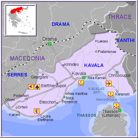 Mapa de la región de Kavala en Macedonia, Grecia