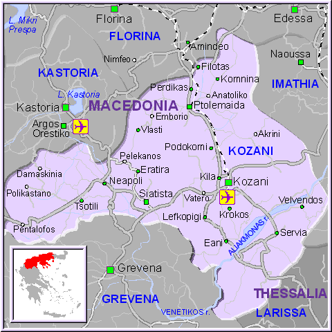 Mapa de la región de Kozani en Macedonia, Grecia