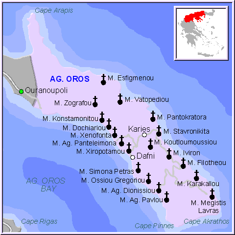Mapa de la región del Monte Atos (Athos) en Macedonia, Grecia