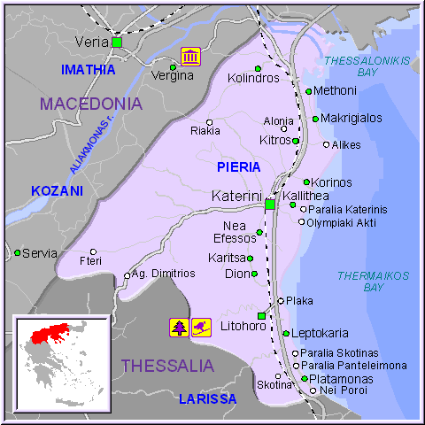 Mapa de la región de Pieria en Macedonia, Grecia