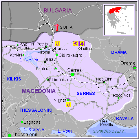 Mapa de la región de Serres (Seres) en Macedonia, Grecia