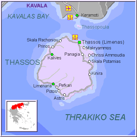Mapa de la isla de Thassos (Tasos) en Macedonia, Grecia