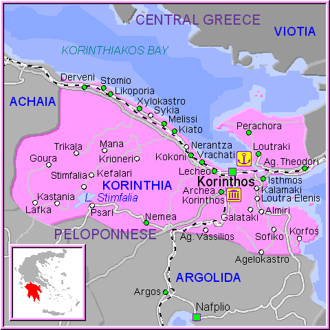 Mapa región de Corinto (Korinthia) del Peloponeso, Grecia