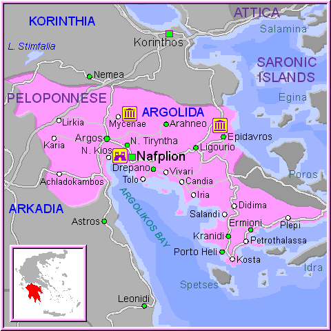 Mapa de la Argólida del Peloponeso, Grecia