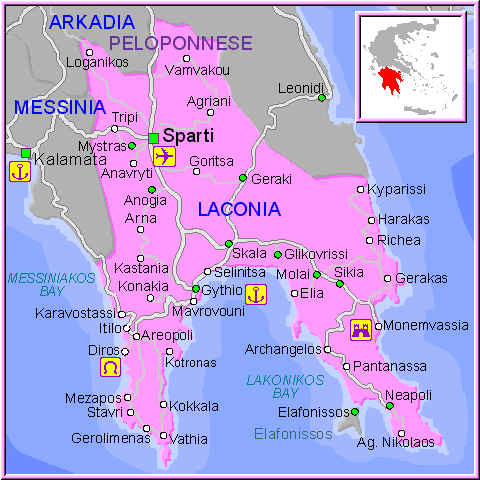 Mapa de Laconia (Lakonia) en el Peloponeso, Grecia