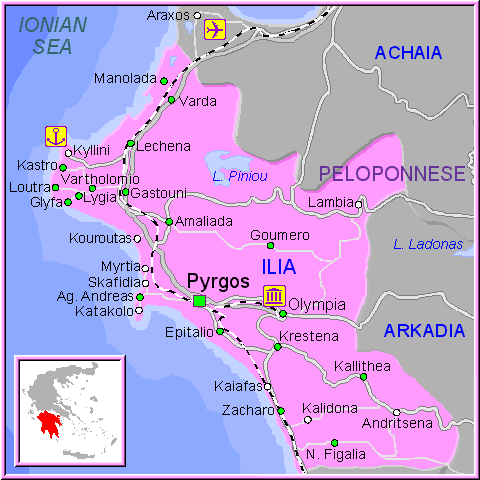 Mapa de Ilia en el Peloponeso, Grecia