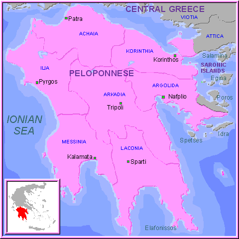 Mapa del Peloponeso, Grecia