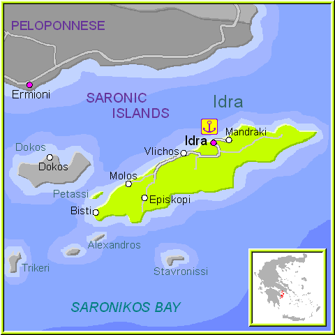 Mapa de Hydra (Idra, Hidra), Islas Sarónicas en Grecia