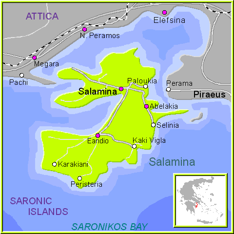 Mapa de Salamina, islas Sarónicas de Grecia