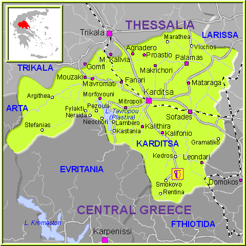 Mapa de la región de Karditsa, Tesalia Grecia