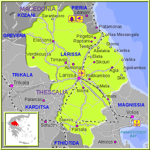 Mapa de la región de Larisa (Larissa), en Tesalia Grecia