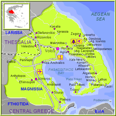 Mapa de la región de Magnisia (Volos y Pelion), Tesalia Grecia