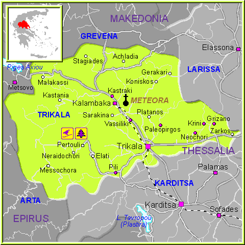 Mapa de la región de Trikala, en Tesalia Grecia