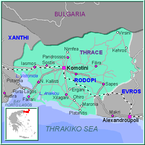 Mapa de la región de Rodopi, en Tracia Grecia