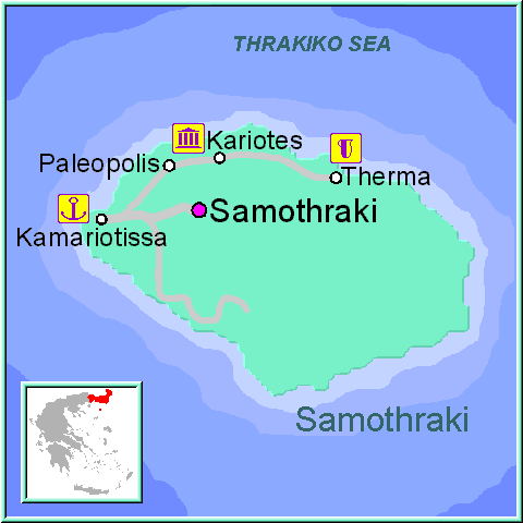 Mapa de la isla de Samotracia, en la región de Tracia Grecia