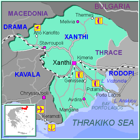 Mapa de la región de Xanthi, en Tracia Grecia