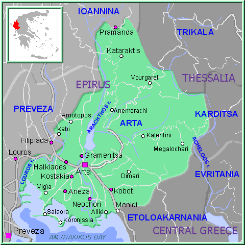 Mapa de la región de Arta, en el Epiro de Grecia