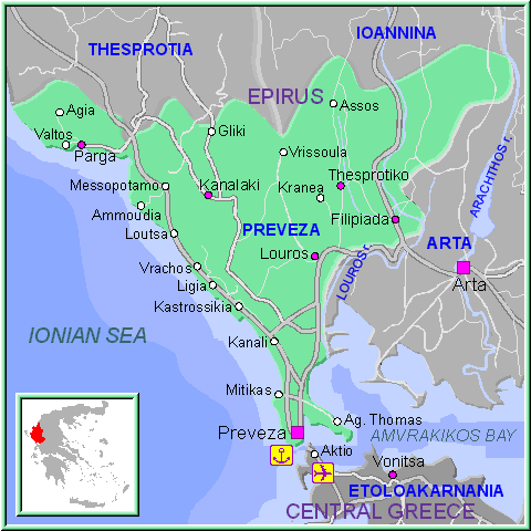 Mapa de la región de Preveza, en el Epiro de Grecia